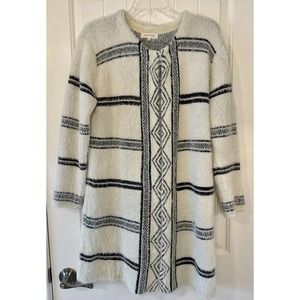 Womens Solitaire Black Cream Striped Fuzzy Long Cardigan Sweater Size M